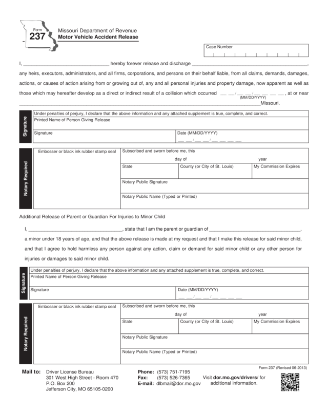 Form 237 Motor Vehicle Accident Release