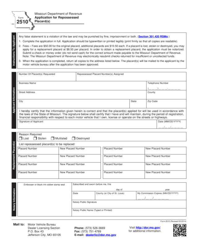 Form 2510 - Application For Repossessed Placard(S)