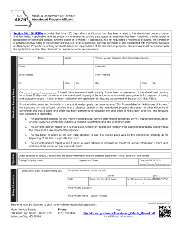 Form 4576 - Abandoned Property Affidavit