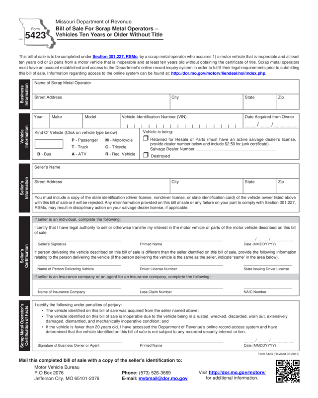 Form 5423 - Missouri Department Of Revenue