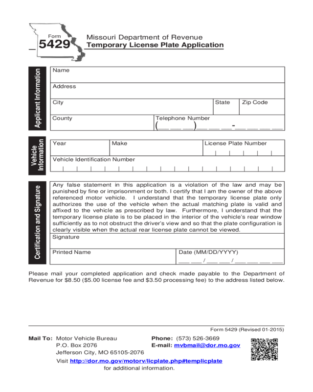 Form 5429 Temporary License Plate Application