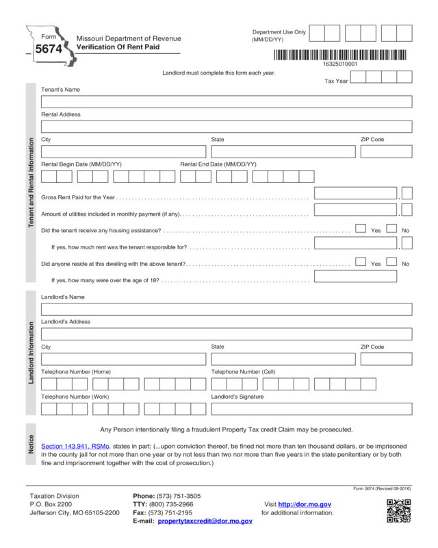 Form 5674 Verification Of Rent Paid