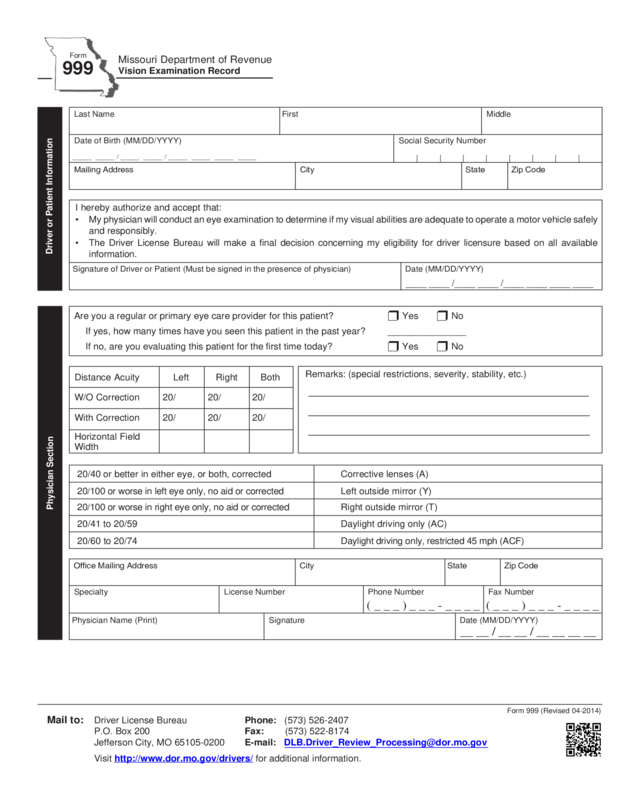 Form 999 - Vision Examination Record