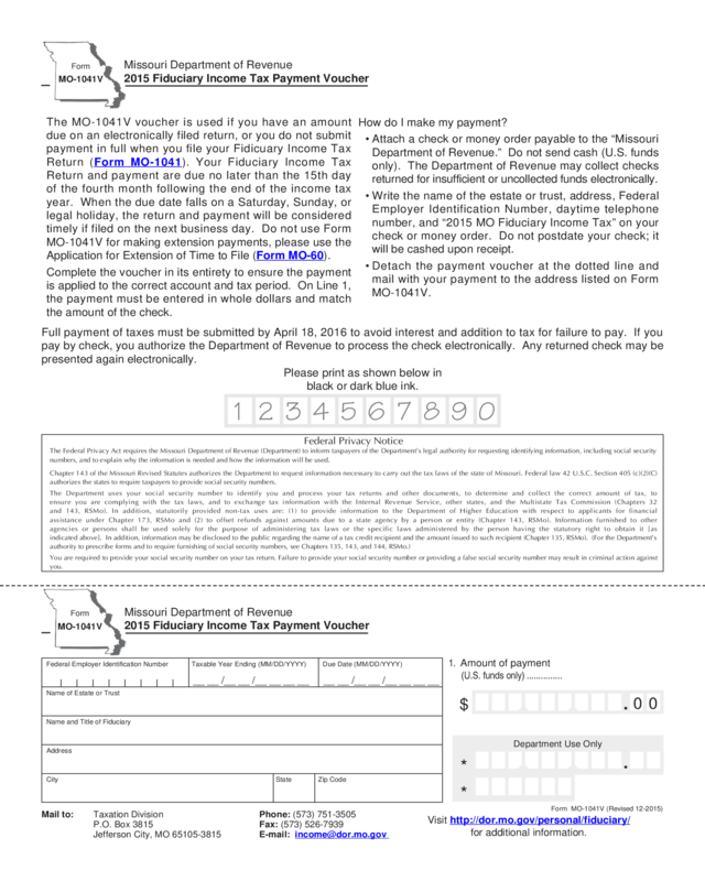 Form Mo-1041V - 2015 Fiduciary Income Tax Payment Voucher