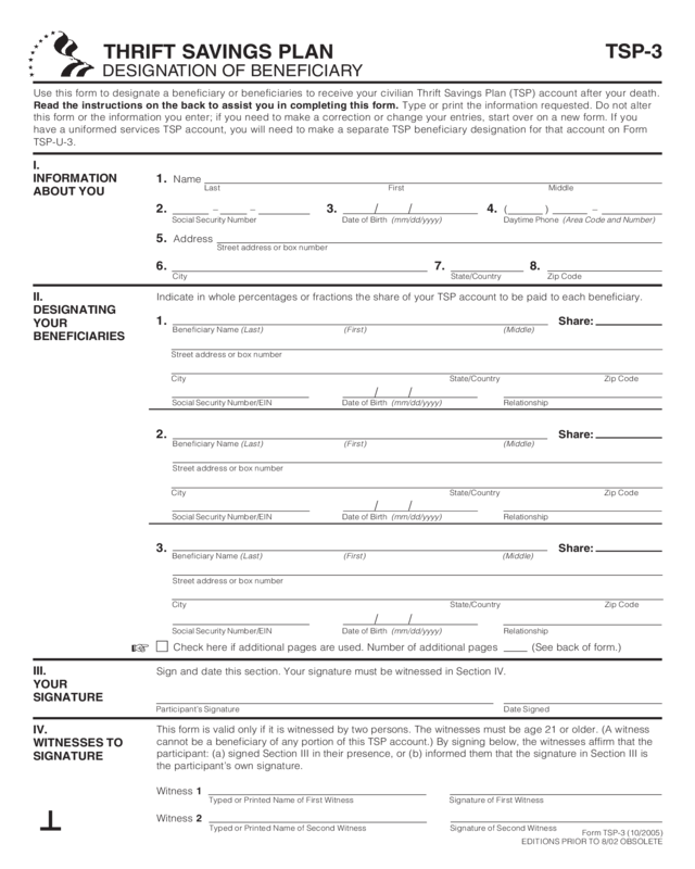 Form: Tsp-3, Designation Of Beneficiary (10/2005) - 4 Pages