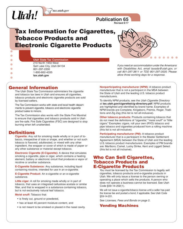 Pub-65, Tax Information For Cigarettes, Tobacco Products