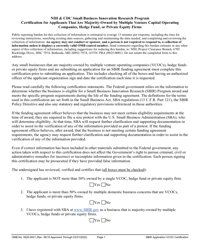 Sbir Application Vcoc Certification