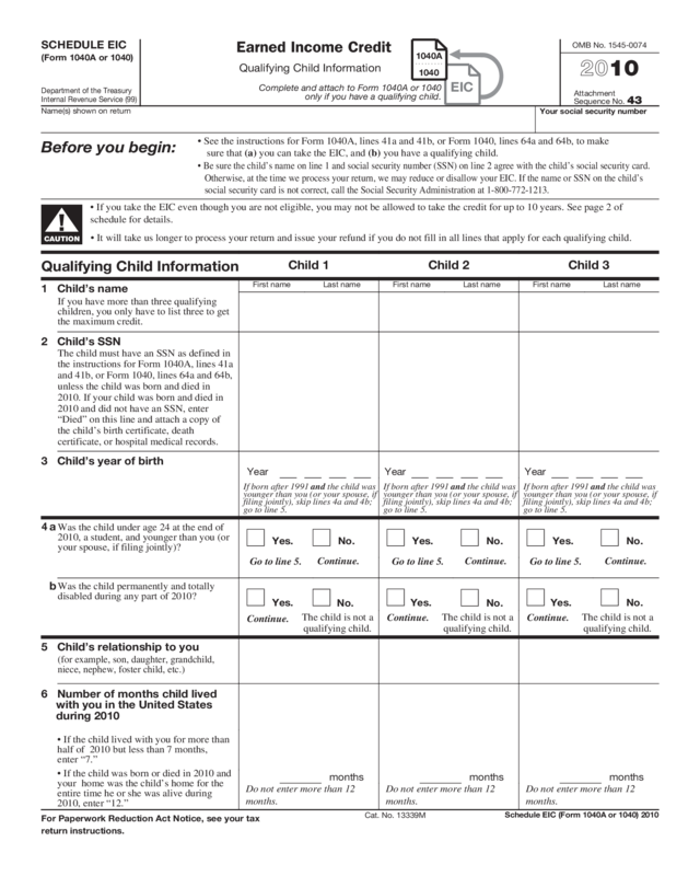 2010 Schedule Eic (Form 1040A Or 1040)