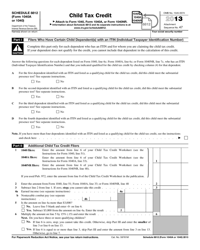 2013 Schedule 8812 (Form 1040A Or 1040)