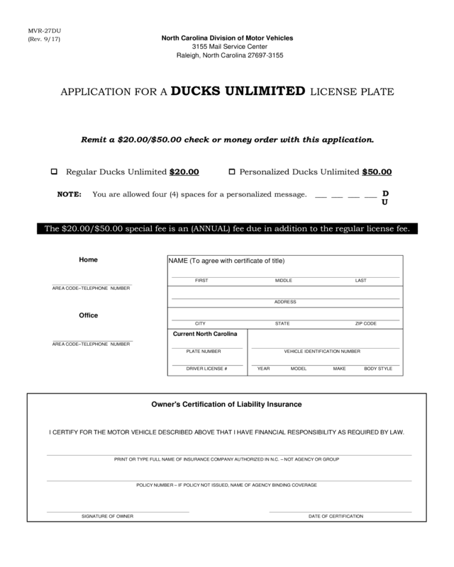 Application For A Ducks Unlimited License Plate