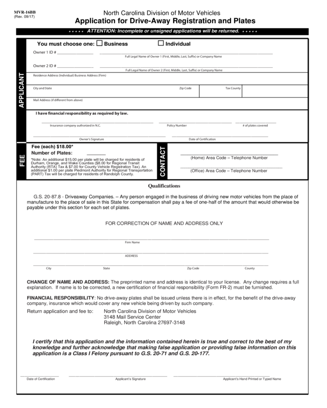 Application For Drive-Away Registration And Plates