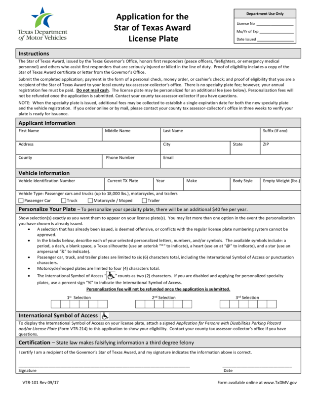 Application For Star Of Texas License Plate