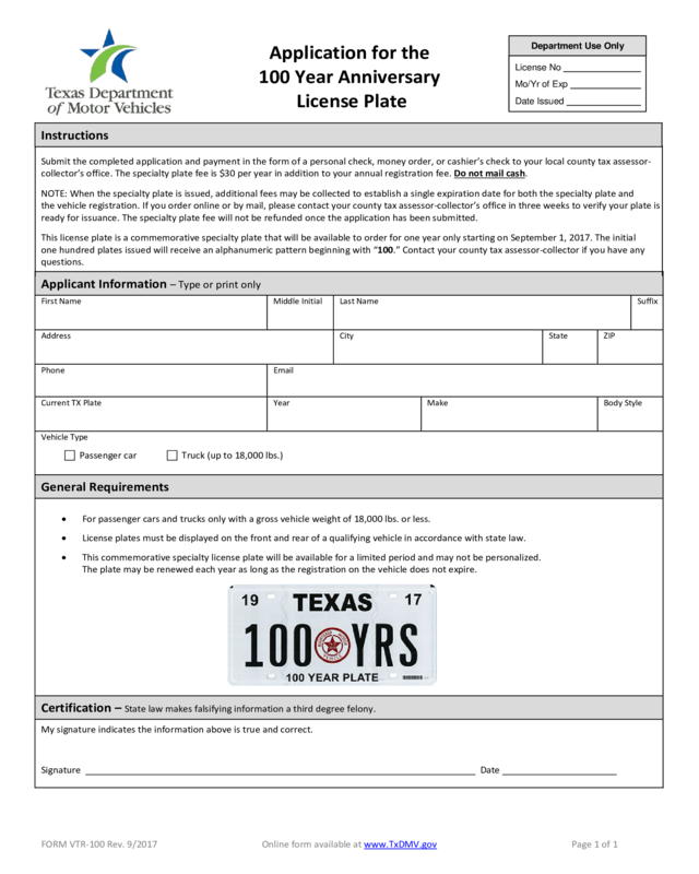 Application For The 100 Year Anniversary License Plate