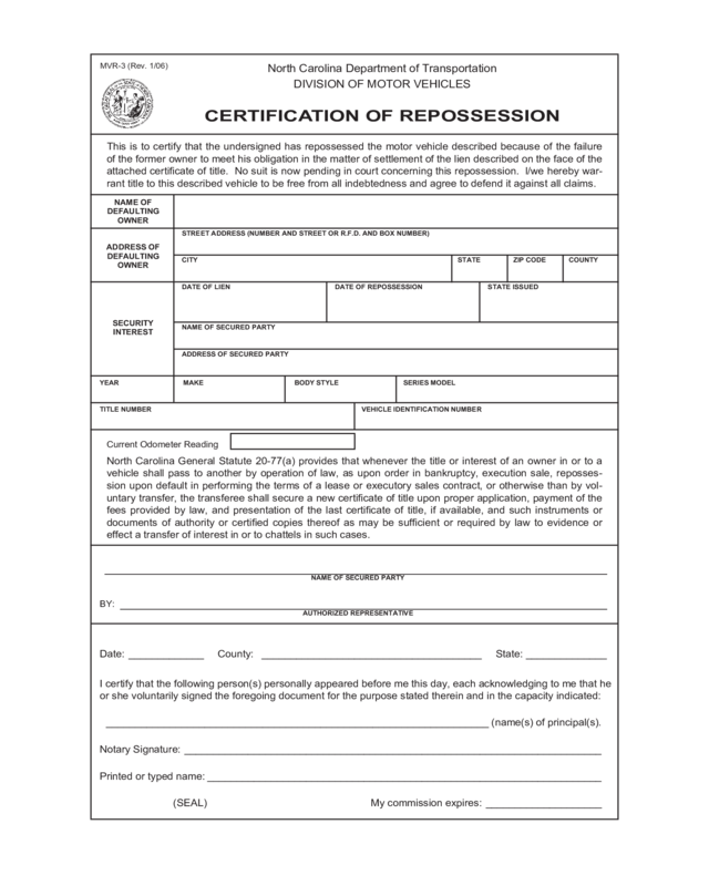 Certification Of Repossession