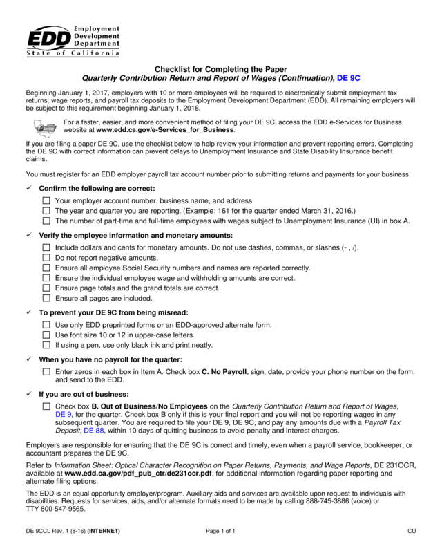 Checklist For Completing The Paper Quarterly Contribution Return And Report Of Wages (Continuation), De 9C (De 9Ccl)