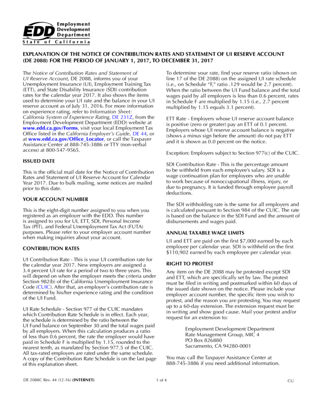 De 2088C Explanation Of The Notice Of Contribution Rates And Statement Of Ui Reserve Account