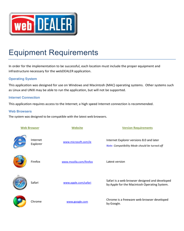 Equipment Requirements For Webdealer