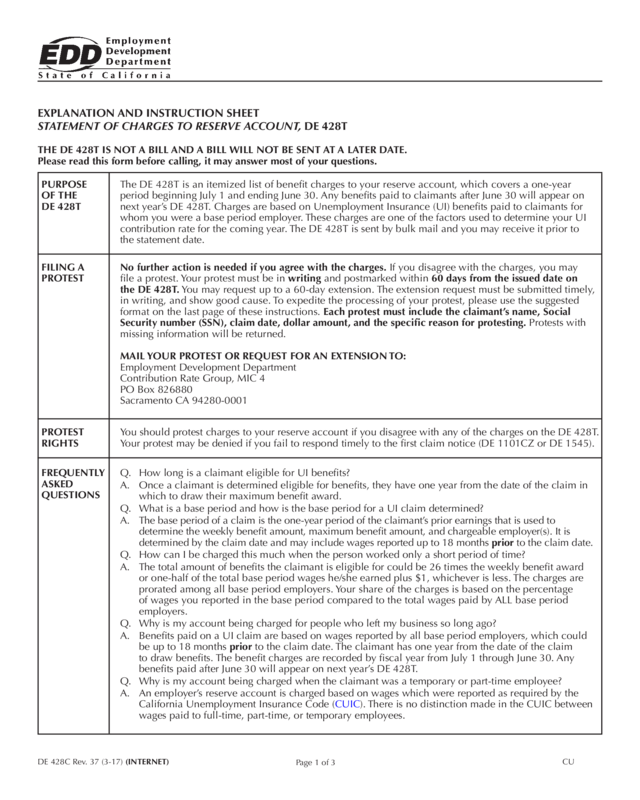 Explanation And Instruction Sheet - Statement Of Charges To Reserve Account, De 428T (De 428C)