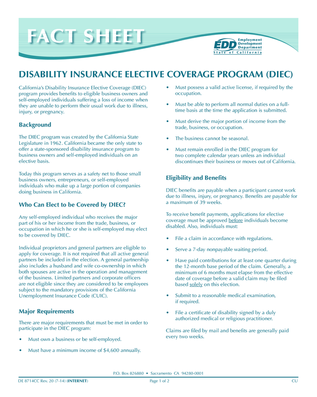 Fact Sheet - Disability Insurance Elective Coverage Program (Diec) (De 8714Cc)