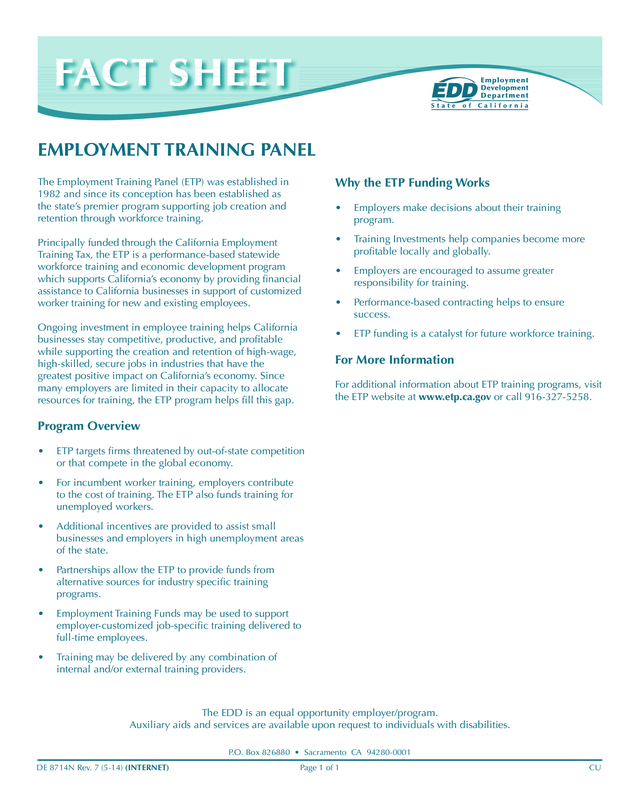 Fact Sheet: Employment Training Panel (De 8714N)