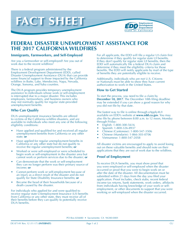 Federal Disaster Unemployment Assistance For The 2017 Ca Wildfires (De 8714Y)