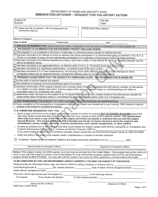 Form I-247D, Immigration Detainer