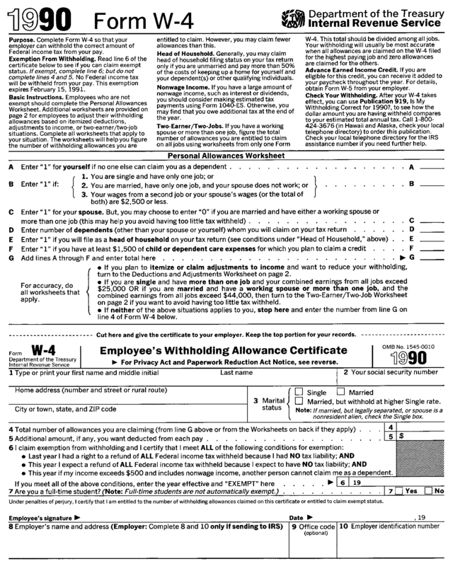 Form W 4 (1990) Edit Fill Sign Online Handypdf