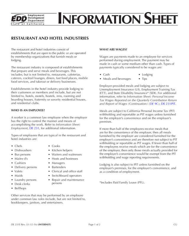 Info Sheet: Restaurant & Hotel Industries (De 231E)