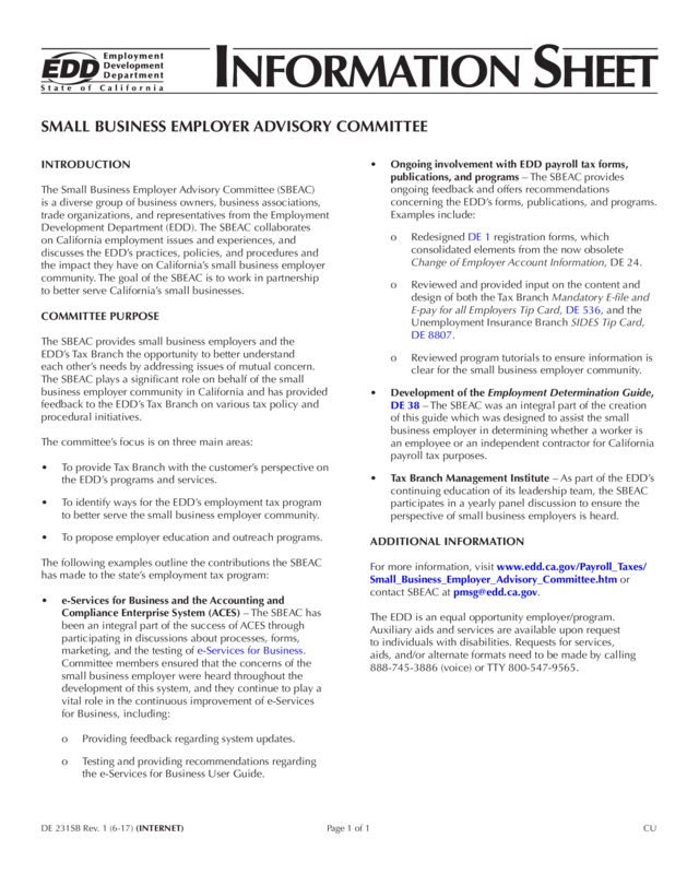 Information Sheet: Small Business Employer Advisory Committee (De 231Sb)