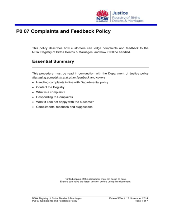 Po 07 Complaints And Feedback Policy Nov14