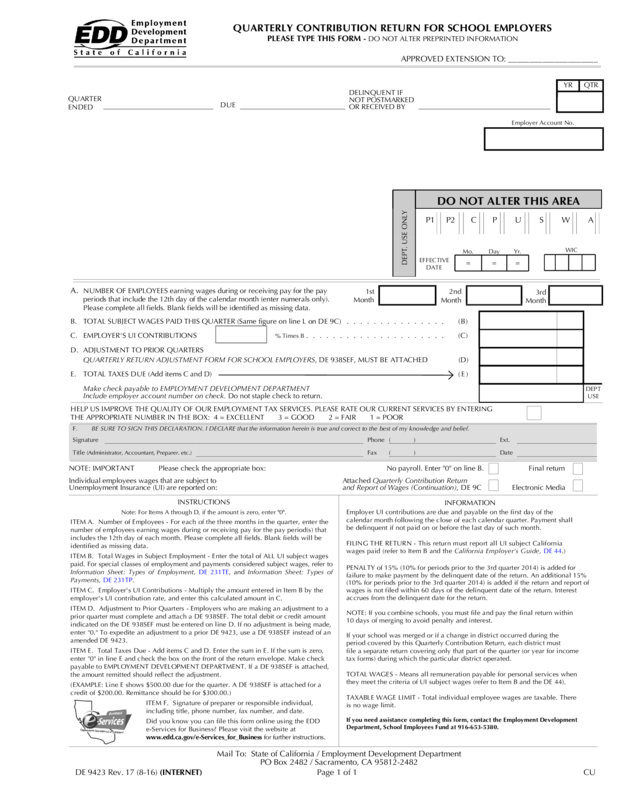 Quarterly Contribution Return For School Employers (De 9423) - Edit ...