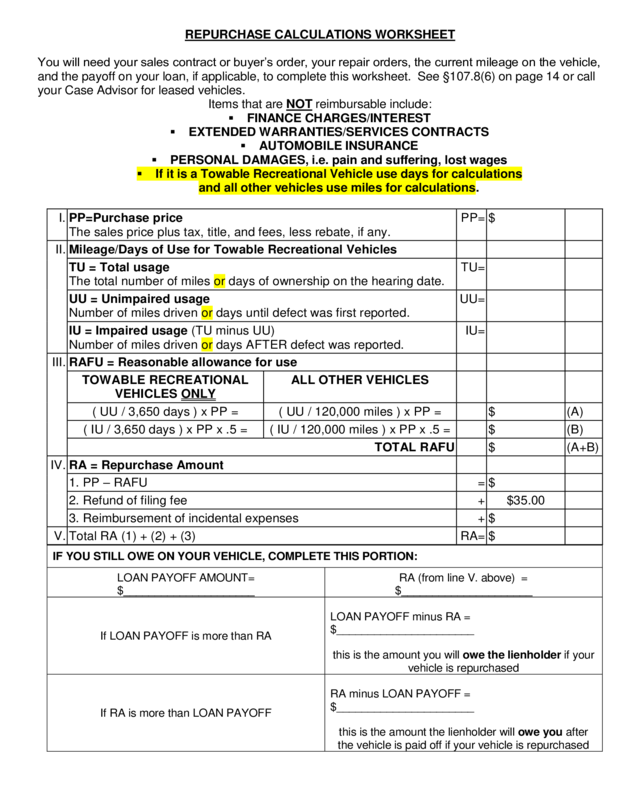 Repurchase Calculations Worksheet