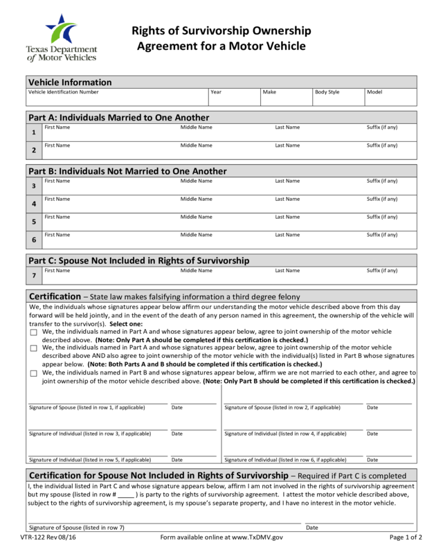 Vtr 122 Rights Of Survivorship Ownership Agreement For A Motor Vehicle