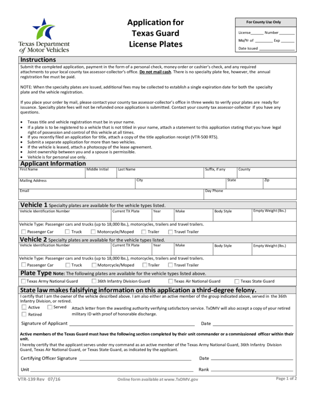 Vtr 139 Application For Texas Guard Or Armed Forces Reserves License Plates