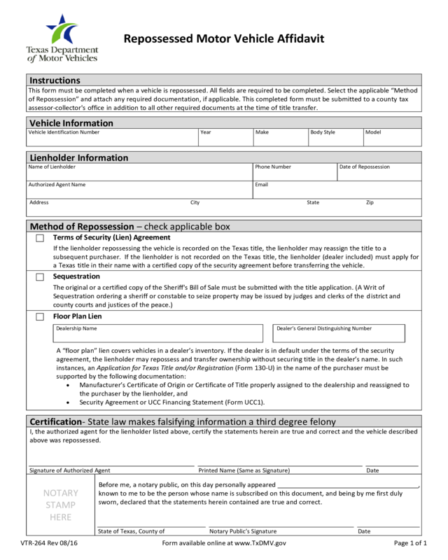 Vtr 264 Repossessed Motor Vehicle Affidavit Edit Fill Sign Online 