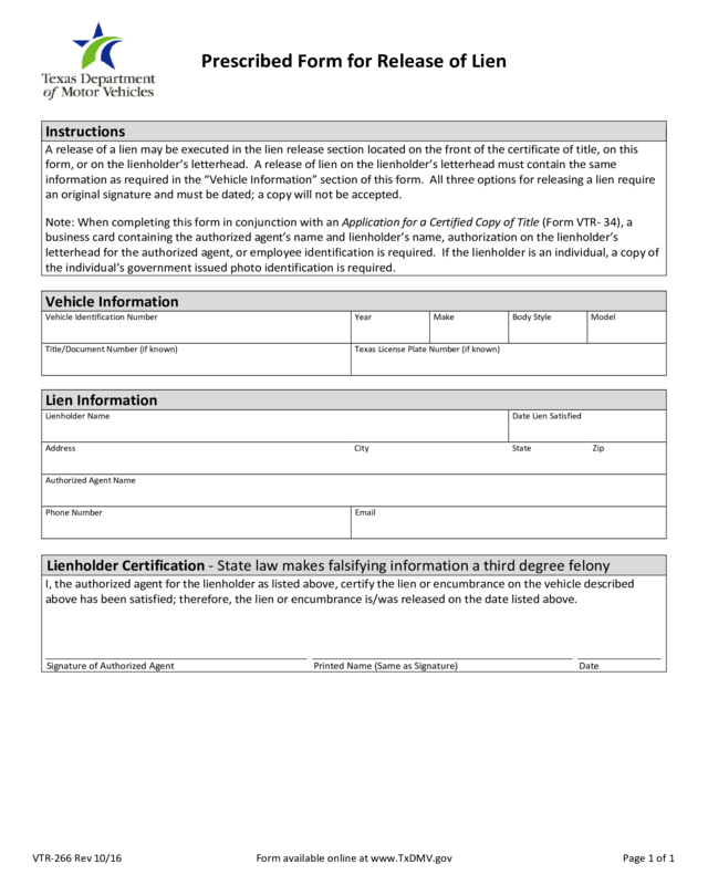 Vtr 266 Prescribed Form For Release Of Lien