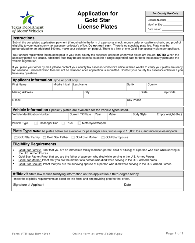 Vtr 423 Application For Gold Star License Plates