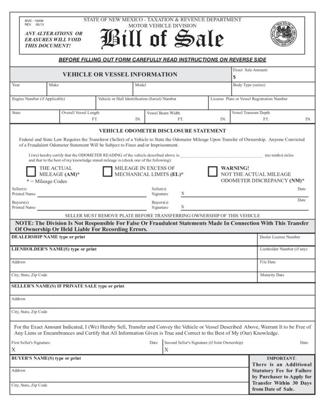 Bill of Sale of Motor Vehicle or Automobile - New Mexico