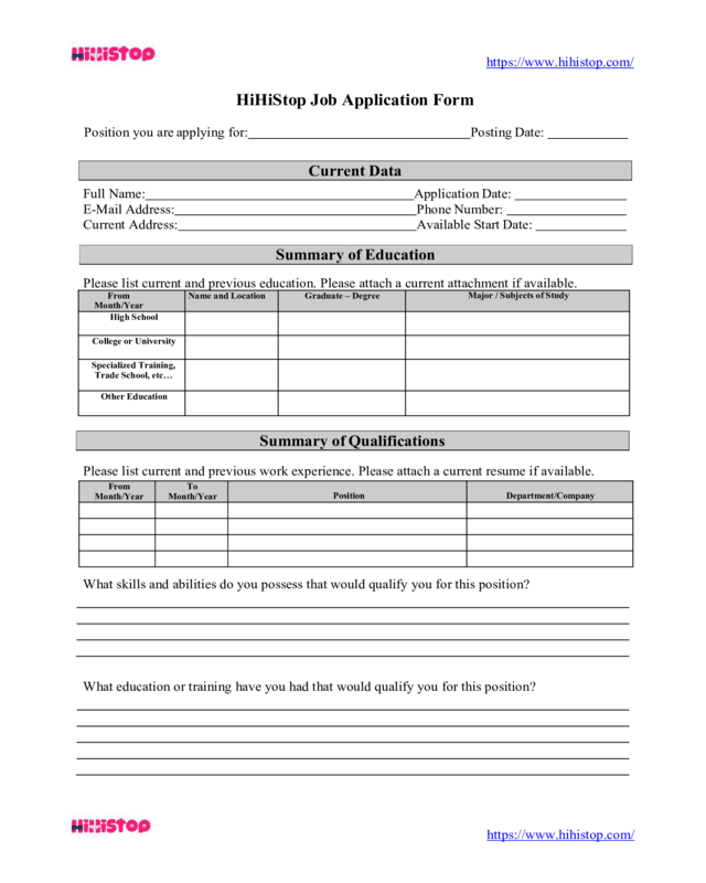HiHiStop Job Application Form