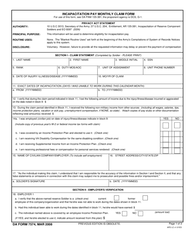 Incapacitation Pay Monthly Claim Form