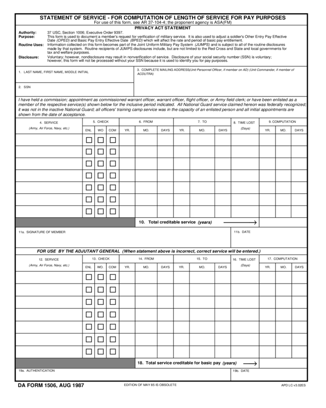 Statement Of Service - For Computation Of Length Of Service For Pay Purposes