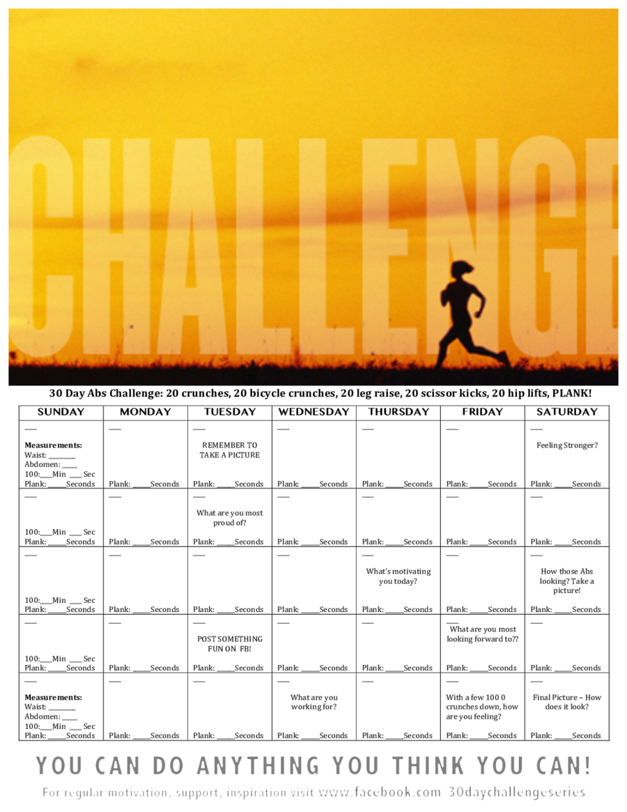 30 Day Abs Challenge Calendar
