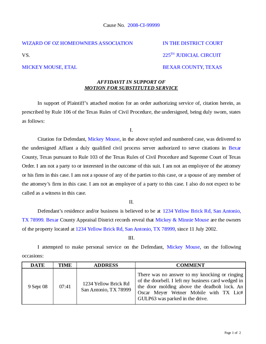 Affidavit In Support Ofmotion For Substituted Service
