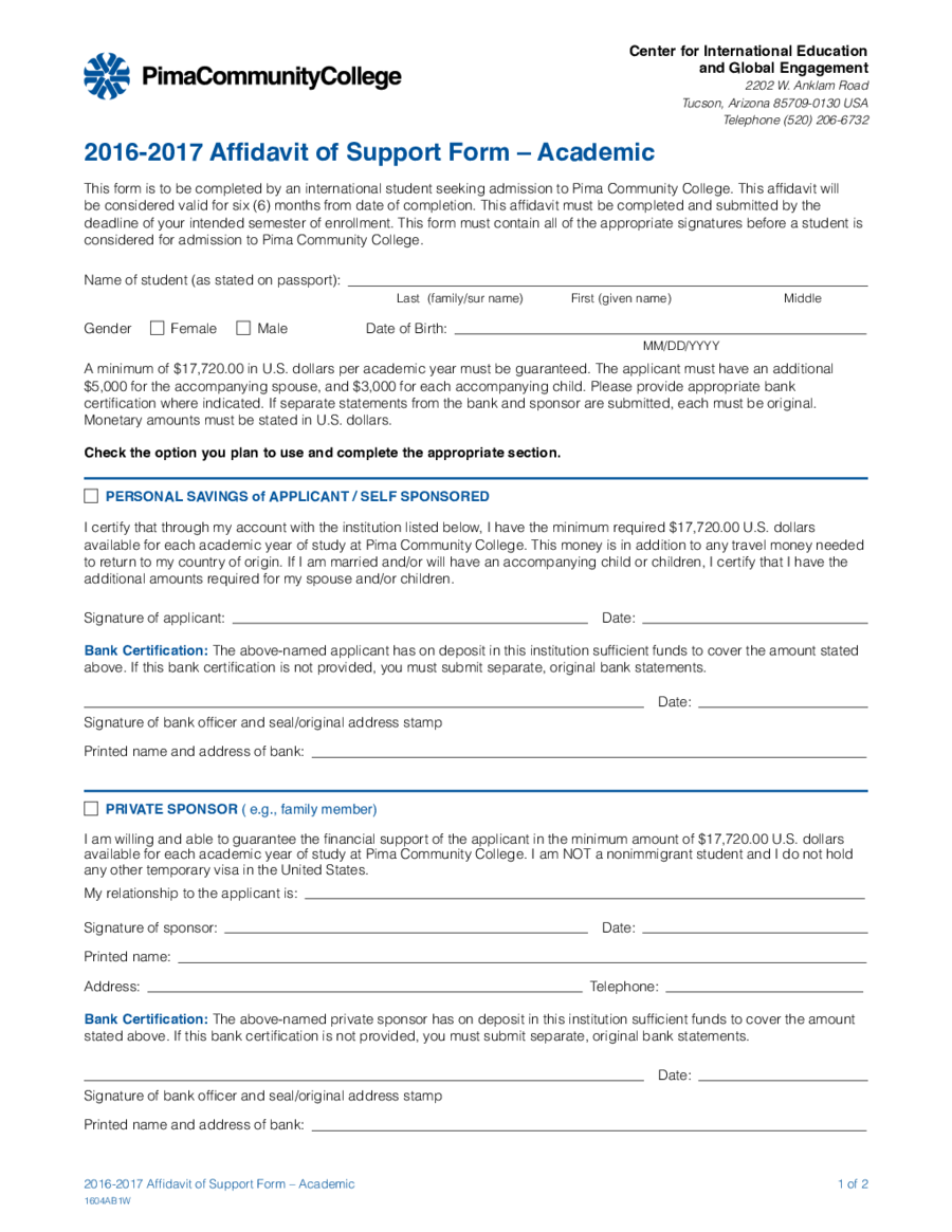 Affidavit of Support Form – Academic