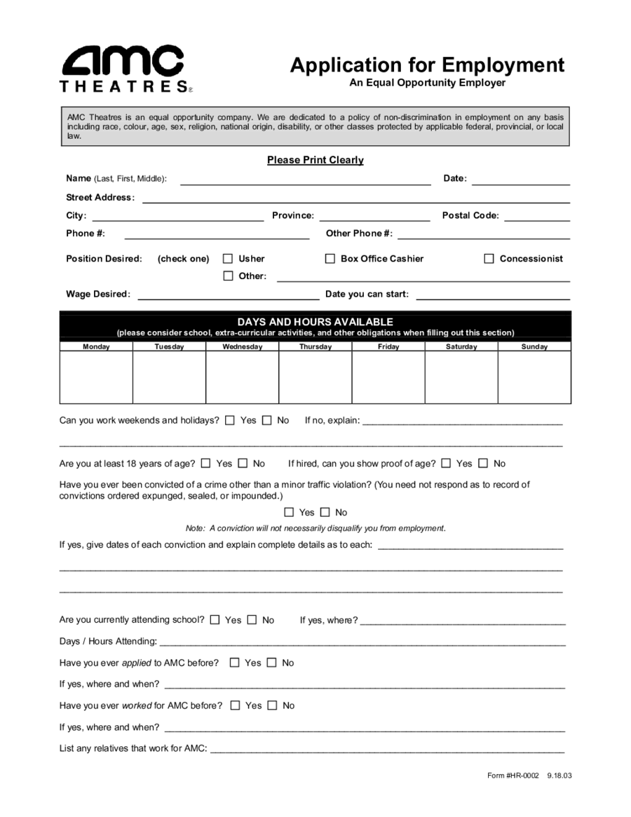 AMC Theatres Application Form