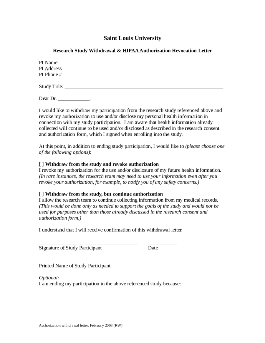 Authorization Withdrawal Letter