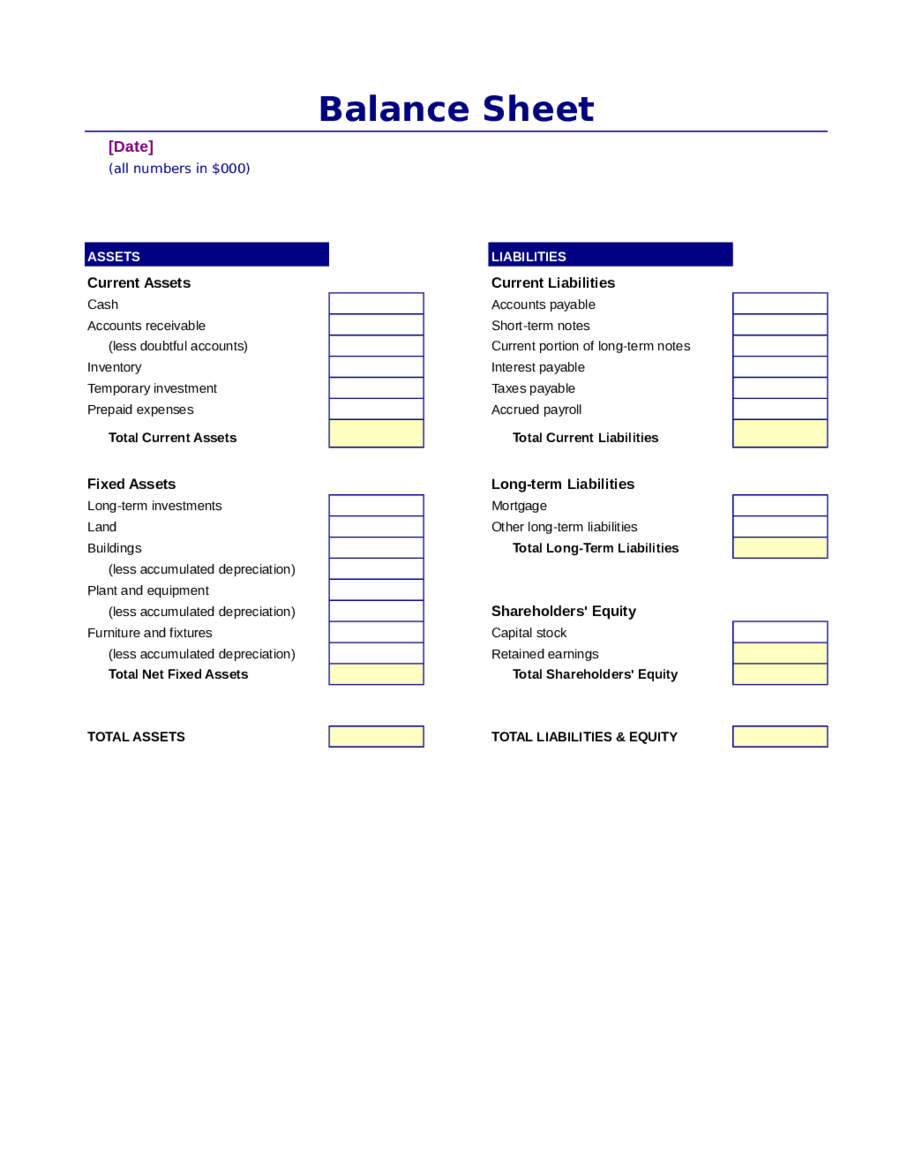 Balance Sheet Template For Small Business