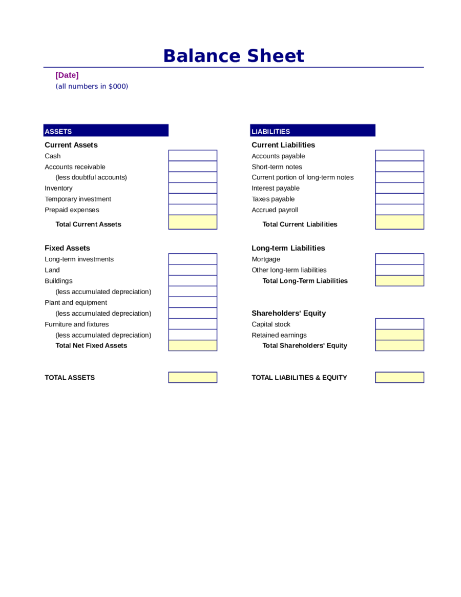 Simple Balance Sheet Template For Small Business