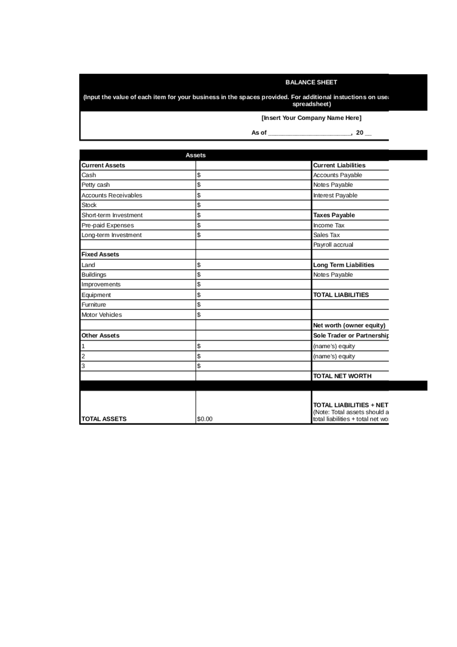 Personal Balance Sheet Template