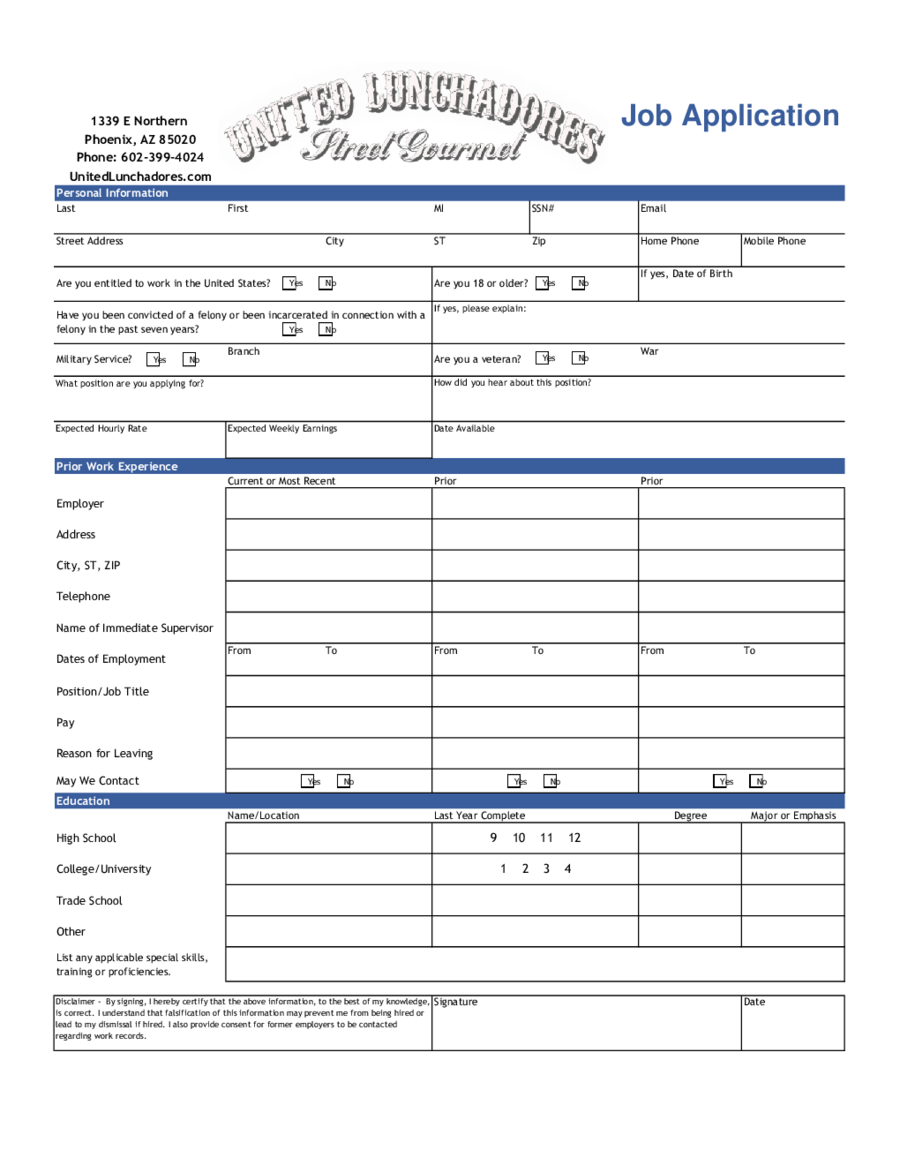 2022 job application form fillable printable pdf forms handypdf